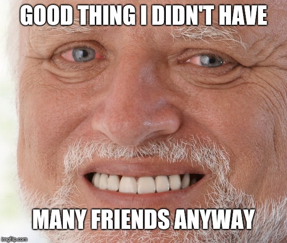 Hide the Pain Harold | GOOD THING I DIDN'T HAVE MANY FRIENDS ANYWAY | image tagged in hide the pain harold | made w/ Imgflip meme maker