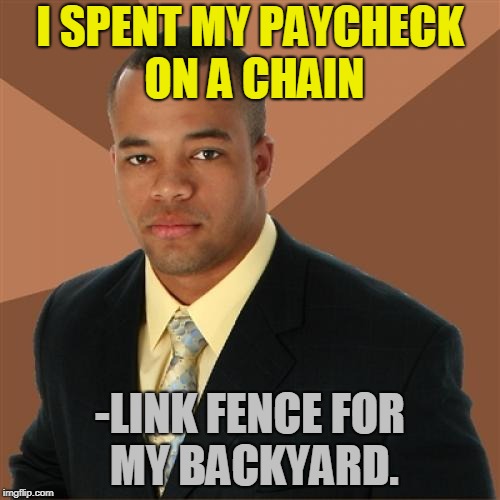 (As in, a necklace) | I SPENT MY PAYCHECK ON A CHAIN; -LINK FENCE FOR MY BACKYARD. | image tagged in memes,successful black man,jewelry,backyard,paycheck,fence | made w/ Imgflip meme maker