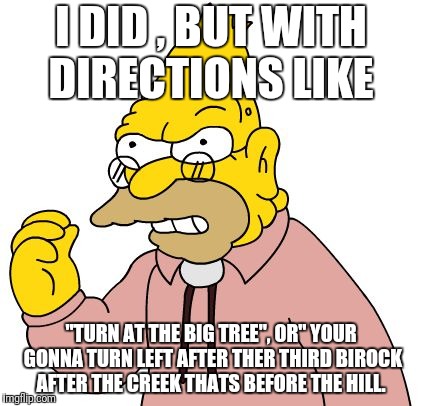 I DID , BUT WITH DIRECTIONS LIKE "TURN AT THE BIG TREE", OR" YOUR GONNA TURN LEFT AFTER THER THIRD BIROCK AFTER THE CREEK THATS BEFORE THE H | made w/ Imgflip meme maker