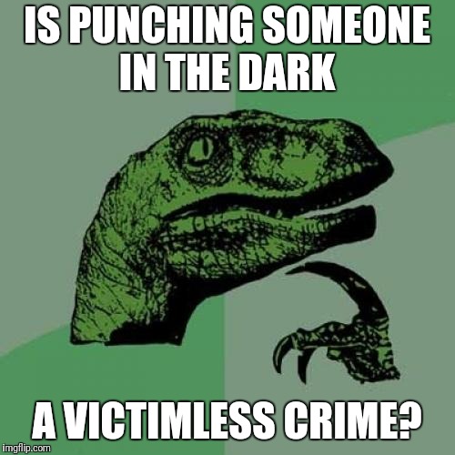 Philosoraptor Meme | IS PUNCHING SOMEONE IN THE DARK; A VICTIMLESS CRIME? | image tagged in memes,philosoraptor | made w/ Imgflip meme maker