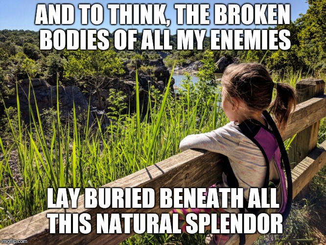 Broken bodies | AND TO THINK, THE BROKEN BODIES OF ALL MY ENEMIES; LAY BURIED BENEATH ALL THIS NATURAL SPLENDOR | image tagged in creepy,funny,nature,views,enemy | made w/ Imgflip meme maker