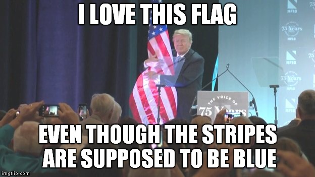 Don't It Make My Red Stripes Blue | I LOVE THIS FLAG; EVEN THOUGH THE STRIPES ARE SUPPOSED TO BE BLUE | image tagged in donald trump | made w/ Imgflip meme maker