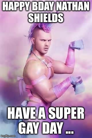 Gay Unicorn | HAPPY BDAY NATHAN SHIELDS; HAVE A SUPER GAY DAY ... | image tagged in gay unicorn | made w/ Imgflip meme maker
