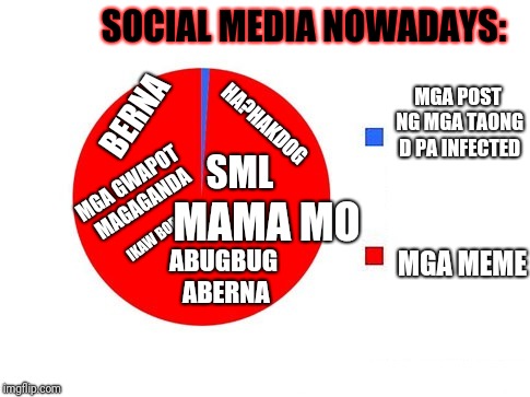 circle graph | SOCIAL MEDIA NOWADAYS:; MGA POST NG MGA TAONG D PA INFECTED; HA?HAKDOG; BERNA; SML; MGA GWAPOT MAGAGANDA; MAMA MO; MGA MEME; IKAW BOBO; ABUGBUG ABERNA | image tagged in circle graph | made w/ Imgflip meme maker