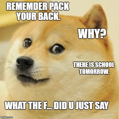 Doge | REMEMDER PACK YOUR BACK. WHY? THERE IS SCHOOL TOMORROW. WHAT THE F... DID U JUST SAY | image tagged in memes,doge | made w/ Imgflip meme maker