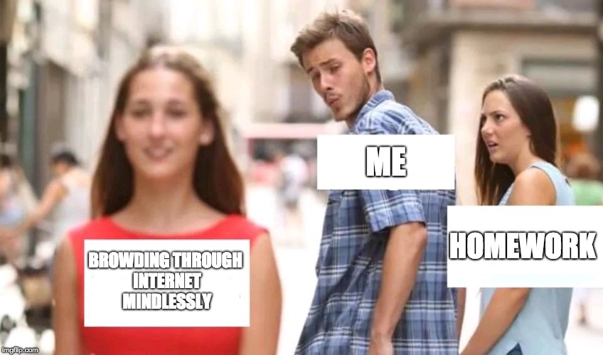 Distracted boyfriend | ME; HOMEWORK; BROWDING THROUGH INTERNET MINDLESSLY | image tagged in distracted boyfriend | made w/ Imgflip meme maker