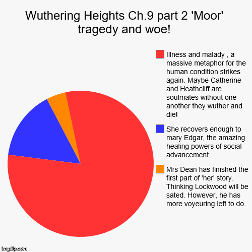 Wuthering Heights Ch.9 part 2 'Moor' tragedy and woe! | Mrs Dean has finished the first part of 'her' story. Thinking Lockwood will be sated | image tagged in funny,pie charts | made w/ Imgflip chart maker