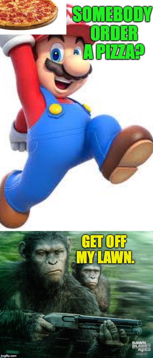 Leave the pizza. | SOMEBODY ORDER A PIZZA? GET OFF MY LAWN. | image tagged in memes,mario,donkey kong,pizza,get off my lawn | made w/ Imgflip meme maker