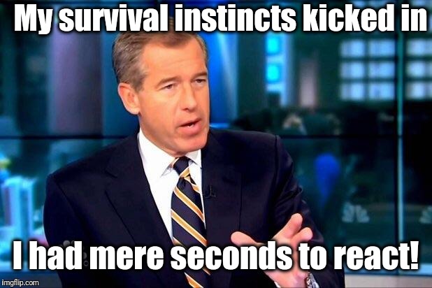 Brian Williams Was There 2 Meme | My survival instincts kicked in I had mere seconds to react! | image tagged in memes,brian williams was there 2 | made w/ Imgflip meme maker