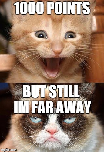 Excited Yet Sad | 1000 POINTS; BUT STILL IM FAR AWAY | image tagged in grumpy cat not amused,excited cat,imgflip,1000 points,dissapointed | made w/ Imgflip meme maker
