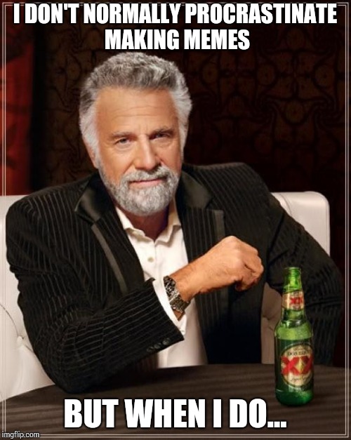 The Most Interesting Man In The World Meme | I DON'T NORMALLY PROCRASTINATE MAKING MEMES BUT WHEN I DO... | image tagged in memes,the most interesting man in the world | made w/ Imgflip meme maker