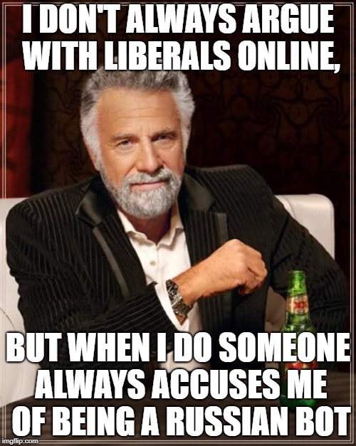 You just can't have a civil debate without being called a name by these people | I DON'T ALWAYS ARGUE WITH LIBERALS ONLINE, BUT WHEN I DO SOMEONE ALWAYS ACCUSES ME OF BEING A RUSSIAN BOT | image tagged in memes,the most interesting man in the world | made w/ Imgflip meme maker