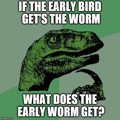 Early Worm | IF THE EARLY BIRD GET'S THE WORM; WHAT DOES THE EARLY WORM GET? | image tagged in memes,philosoraptor | made w/ Imgflip meme maker