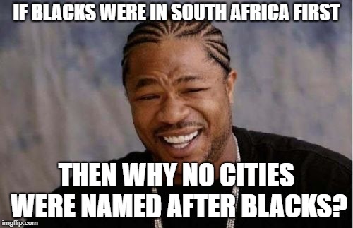 Yo Dawg Heard You Meme | IF BLACKS WERE IN SOUTH AFRICA FIRST; THEN WHY NO CITIES WERE NAMED AFTER BLACKS? | image tagged in memes,yo dawg heard you | made w/ Imgflip meme maker