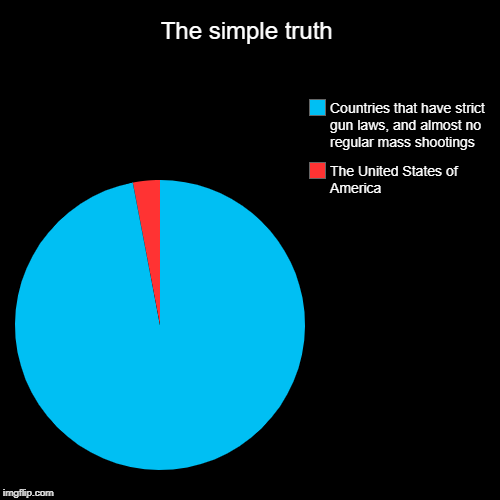 The TRUTH about mass shootings | The simple truth | The United States of America, Countries that have strict gun laws, and almost no regular mass shootings | image tagged in funny,pie charts,mass shooting,florida,gun control,gun laws | made w/ Imgflip chart maker