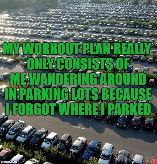 dumb parking lot | MY WORKOUT PLAN REALLY ONLY CONSISTS OF ME WANDERING AROUND IN PARKING LOTS BECAUSE I FORGOT WHERE I PARKED | image tagged in parking,funny memes,memes,funny,workout | made w/ Imgflip meme maker