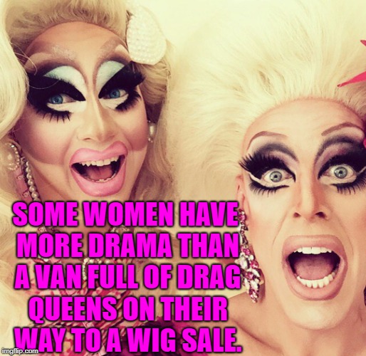 Surprised Drag Queens | SOME WOMEN HAVE MORE DRAMA THAN A VAN FULL OF DRAG QUEENS ON THEIR WAY TO A WIG SALE. | image tagged in surprised drag queens,funny,memes,funny memes | made w/ Imgflip meme maker