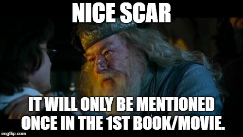 The Scar | NICE SCAR; IT WILL ONLY BE MENTIONED ONCE IN THE 1ST BOOK/MOVIE. | image tagged in memes,angry dumbledore | made w/ Imgflip meme maker