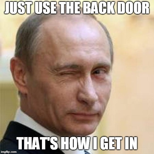 Putin Winking | JUST USE THE BACK DOOR; THAT'S HOW I GET IN | image tagged in putin winking | made w/ Imgflip meme maker