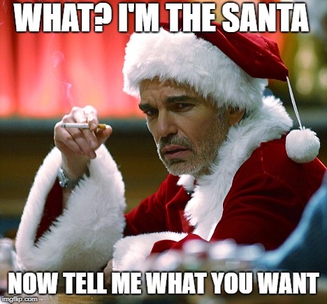 How's the santa? | WHAT? I'M THE SANTA; NOW TELL ME WHAT YOU WANT | image tagged in christmas | made w/ Imgflip meme maker