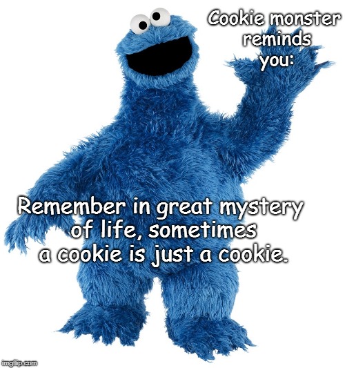 Cookie Monster  | Cookie monster reminds you:; Remember in great mystery of life, sometimes a cookie is just a cookie. | image tagged in cookie monster | made w/ Imgflip meme maker