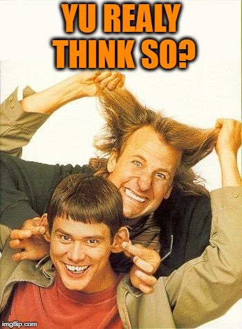 DUMB and dumber | YU REALY THINK SO? | image tagged in dumb and dumber | made w/ Imgflip meme maker