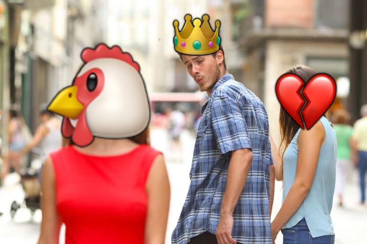 Chickenheads  | 👑; 🐔; 💔 | image tagged in memes,distracted boyfriend,chicken,thots,cheating,catfish | made w/ Imgflip meme maker
