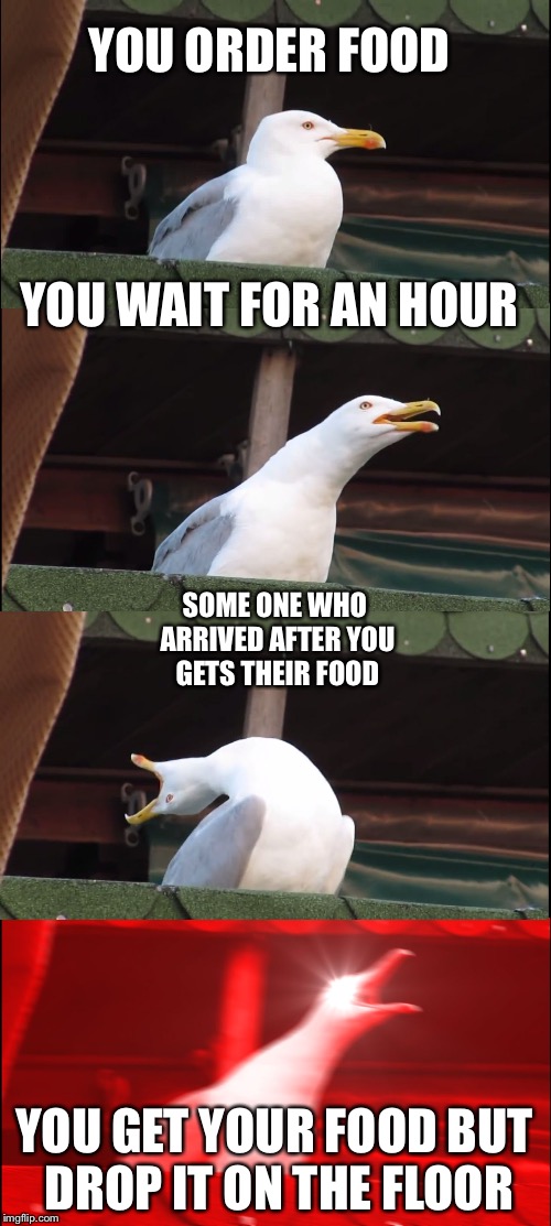 Inhaling Seagull Meme | YOU ORDER FOOD; YOU WAIT FOR AN HOUR; SOME ONE WHO ARRIVED AFTER YOU GETS THEIR FOOD; YOU GET YOUR FOOD BUT DROP IT ON THE FLOOR | image tagged in memes,inhaling seagull | made w/ Imgflip meme maker
