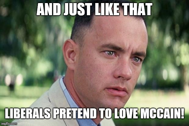 And Just Like That Meme | AND JUST LIKE THAT; LIBERALS PRETEND TO LOVE MCCAIN! | image tagged in forrest gump | made w/ Imgflip meme maker
