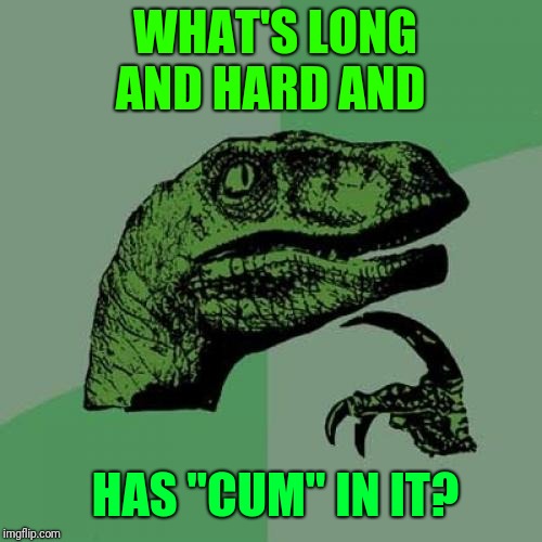 It's not what you think | WHAT'S LONG AND HARD AND; HAS "CUM" IN IT? | image tagged in memes,philosoraptor,vegetables,nsfw,cum,cucumber | made w/ Imgflip meme maker
