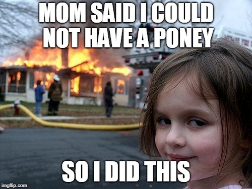 Disaster Girl Meme | MOM SAID I COULD NOT HAVE A PONEY; SO I DID THIS | image tagged in memes,disaster girl | made w/ Imgflip meme maker