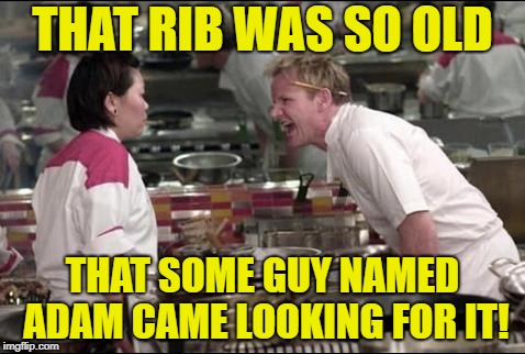 Angry Chef Gordon Ramsay Meme | THAT RIB WAS SO OLD; THAT SOME GUY NAMED ADAM CAME LOOKING FOR IT! | image tagged in memes,angry chef gordon ramsay,adam and eve,ribs,funny memes | made w/ Imgflip meme maker
