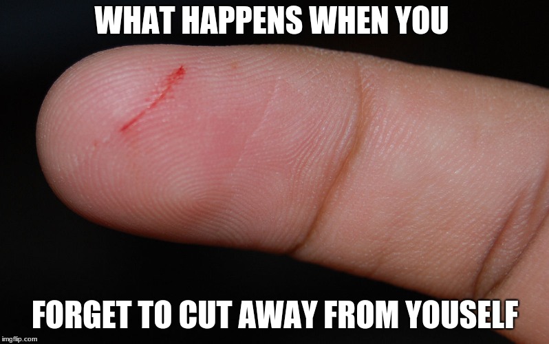 ouch | WHAT HAPPENS WHEN YOU; FORGET TO CUT AWAY FROM YOUSELF | image tagged in ouch | made w/ Imgflip meme maker
