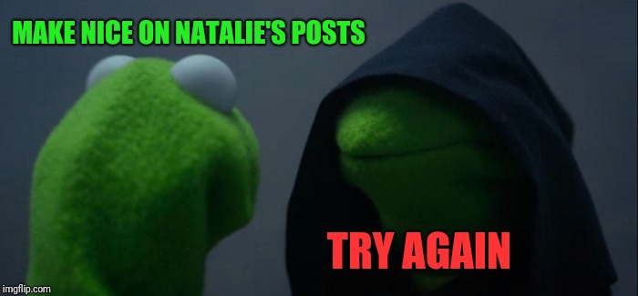 Evil Kermit Meme | MAKE NICE ON NATALIE'S POSTS TRY AGAIN | image tagged in memes,evil kermit | made w/ Imgflip meme maker