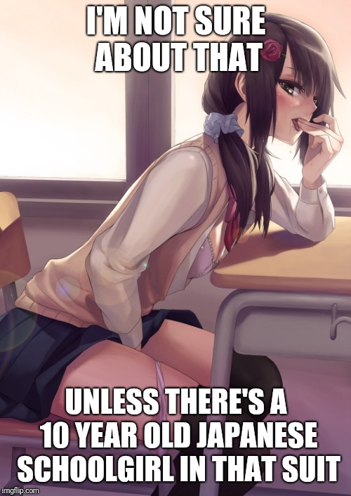Hentai anime girl | I'M NOT SURE ABOUT THAT UNLESS THERE'S A 10 YEAR OLD JAPANESE SCHOOLGIRL IN THAT SUIT | image tagged in hentai anime girl | made w/ Imgflip meme maker