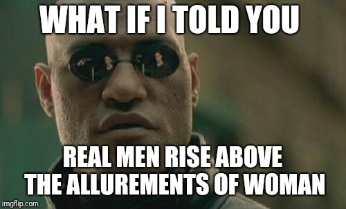 Matrix Morpheus | WHAT IF I TOLD YOU; REAL MEN RISE ABOVE THE ALLUREMENTS OF WOMAN | image tagged in memes,matrix morpheus | made w/ Imgflip meme maker