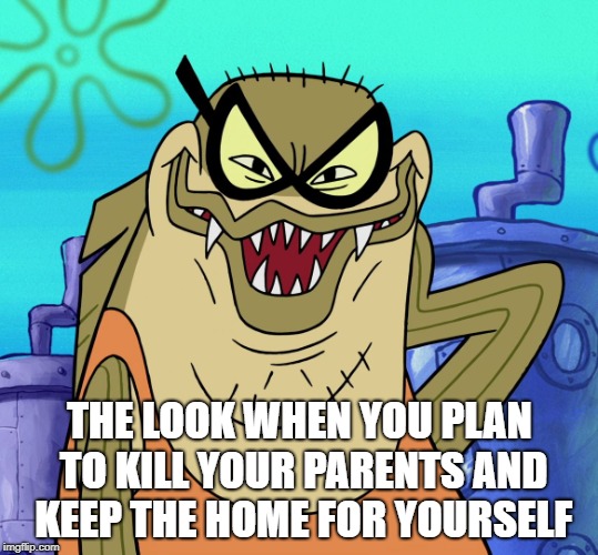 Planning Homicide | THE LOOK WHEN YOU PLAN TO KILL YOUR PARENTS AND KEEP THE HOME FOR YOURSELF | image tagged in bubble bass evil grin | made w/ Imgflip meme maker