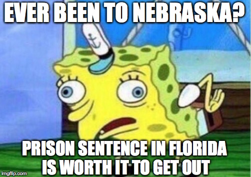 Mocking Spongebob Meme | EVER BEEN TO NEBRASKA? PRISON SENTENCE IN FLORIDA IS WORTH IT TO GET OUT | image tagged in memes,mocking spongebob | made w/ Imgflip meme maker