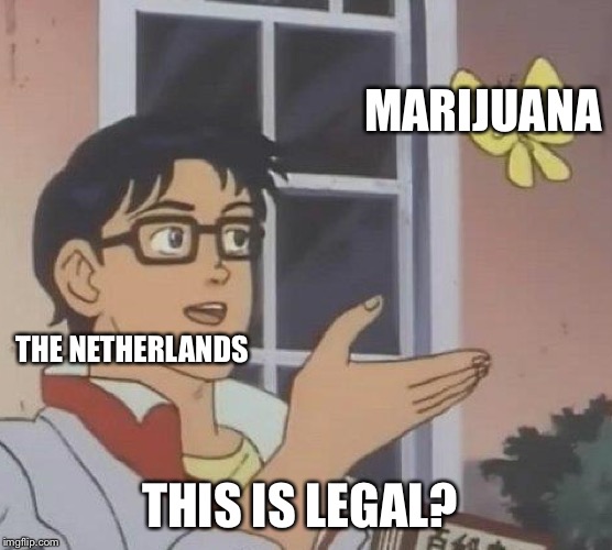 Is This A Pigeon | MARIJUANA; THE NETHERLANDS; THIS IS LEGAL? | image tagged in memes,is this a pigeon | made w/ Imgflip meme maker