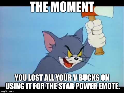 Tom's Rage | THE MOMENT; YOU LOST ALL YOUR V BUCKS ON USING IT FOR THE STAR POWER EMOTE. | image tagged in cats,axe,fortnite | made w/ Imgflip meme maker