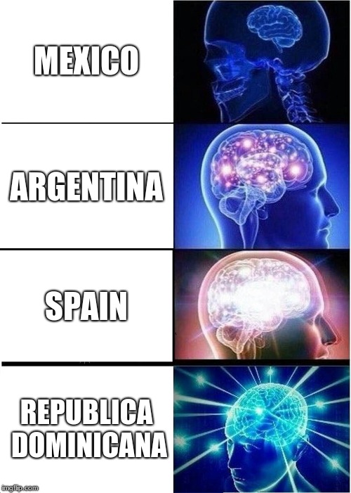 Expanding Brain | MEXICO; ARGENTINA; SPAIN; REPUBLICA DOMINICANA | image tagged in memes,expanding brain | made w/ Imgflip meme maker