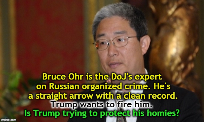 Something about honest cops really spooks Donald. | Bruce Ohr is the DoJ's expert on Russian organized crime. He's a straight arrow with a clean record. Trump wants to fire him. Is Trump trying to protect his homies? | image tagged in bruce ohr,doj,organized crime,trump,russia | made w/ Imgflip meme maker