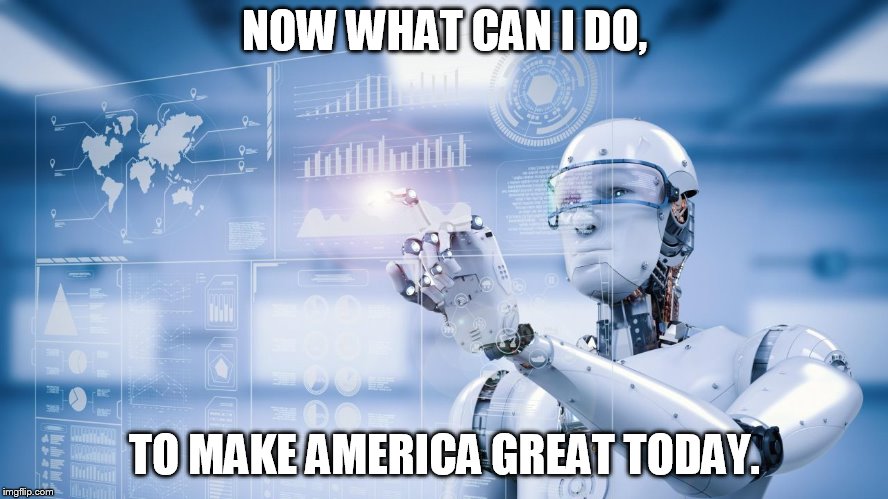 internet bot | NOW WHAT CAN I DO, TO MAKE AMERICA GREAT TODAY. | image tagged in internet bot | made w/ Imgflip meme maker