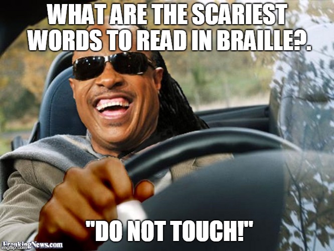 Stevie Wonder Driving | WHAT ARE THE SCARIEST WORDS TO READ IN BRAILLE?. "DO NOT TOUCH!" | image tagged in stevie wonder driving | made w/ Imgflip meme maker