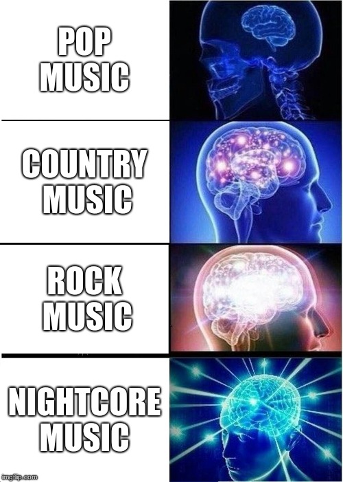 Expanding Brain Meme | POP MUSIC; COUNTRY MUSIC; ROCK MUSIC; NIGHTCORE MUSIC | image tagged in memes,expanding brain | made w/ Imgflip meme maker