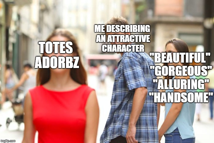 Distracted Boyfriend Meme | ME DESCRIBING AN ATTRACTIVE CHARACTER; TOTES ADORBZ; "BEAUTIFUL" "GORGEOUS" "ALLURING" "HANDSOME" | image tagged in memes,distracted boyfriend | made w/ Imgflip meme maker