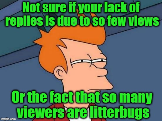 Futurama Fry Meme | Not sure if your lack of replies is due to so few views Or the fact that so many viewers are litterbugs | image tagged in memes,futurama fry | made w/ Imgflip meme maker