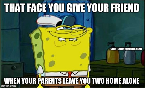 THAT FACE YOU GIVE YOUR FRIEND; @THATGUYWHOMADEAMEME; WHEN YOUR PARENTS LEAVE YOU TWO HOME ALONE | image tagged in spongebob | made w/ Imgflip meme maker