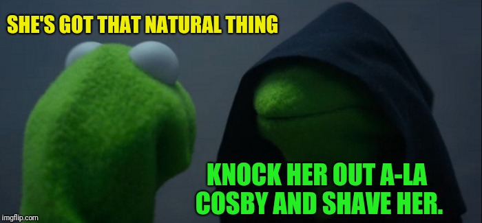 Evil Kermit Meme | SHE'S GOT THAT NATURAL THING KNOCK HER OUT A-LA COSBY AND SHAVE HER. | image tagged in memes,evil kermit | made w/ Imgflip meme maker