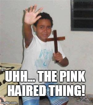 Scared Kid | UHH... THE PINK HAIRED THING! | image tagged in scared kid | made w/ Imgflip meme maker